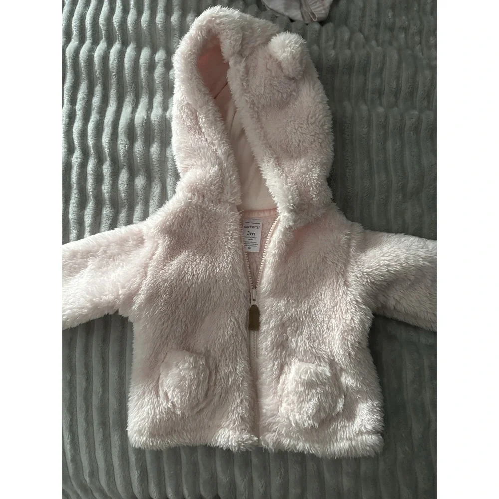 Carter's Just One‎ You Pink Puffy Fuzzy Jacket Size 3M Zip Up Ears NWT
